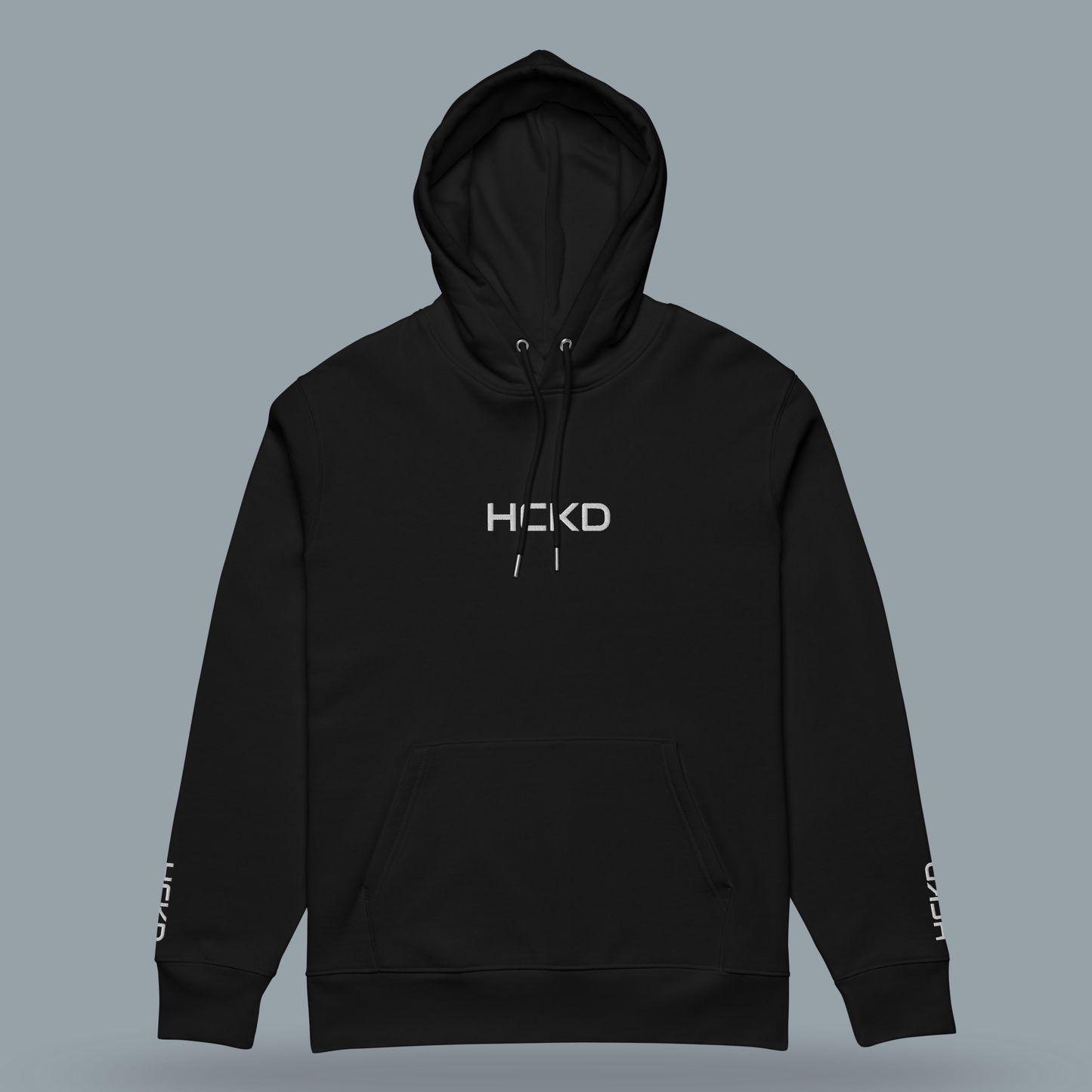 HCKD HOOD-01 black hoodie with double-layered hood and kangaroo pocket for all-day comfort and utility.