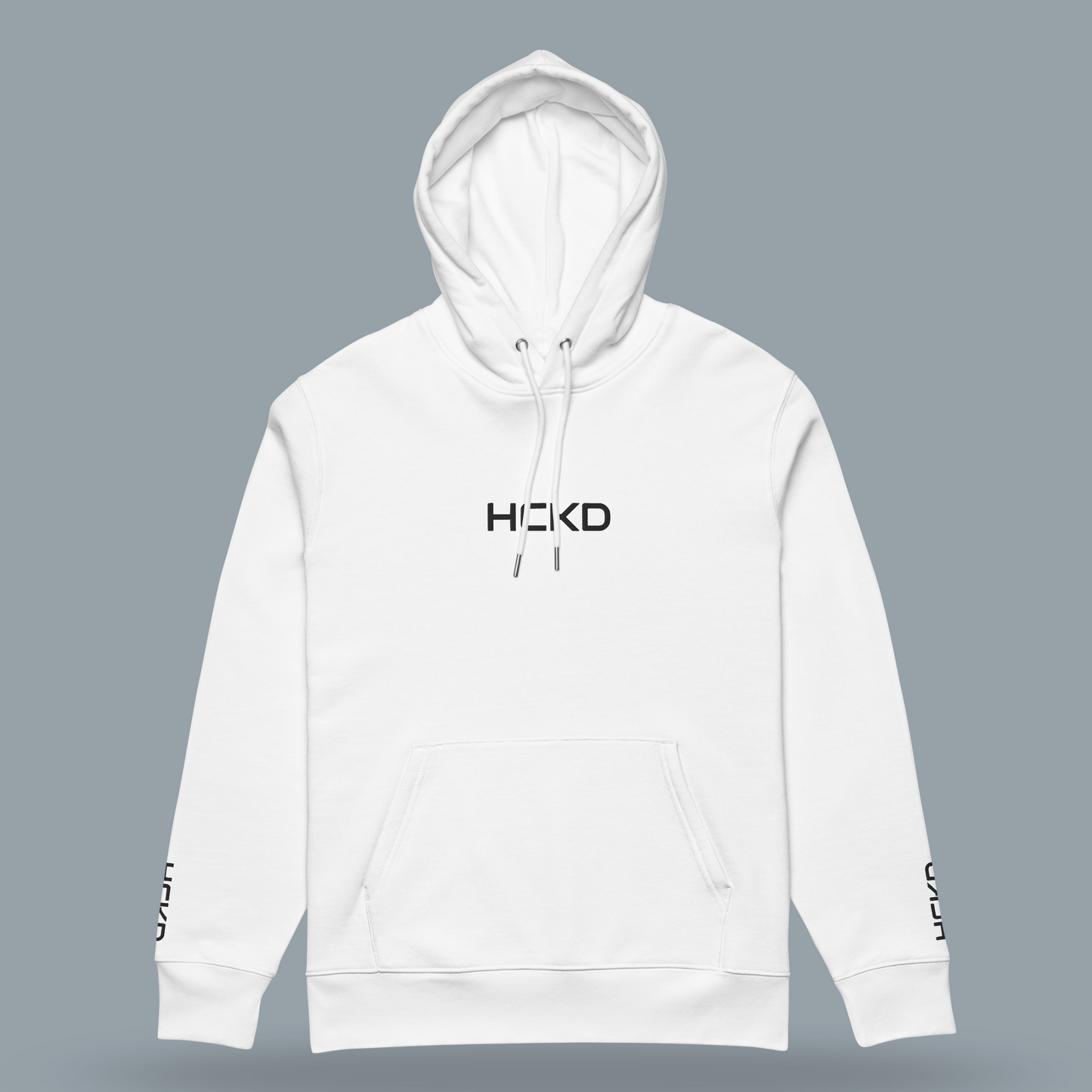 HCKD HOOD-01 white hoodie with double-layered hood, metal-tipped drawcords, and kangaroo pocket.