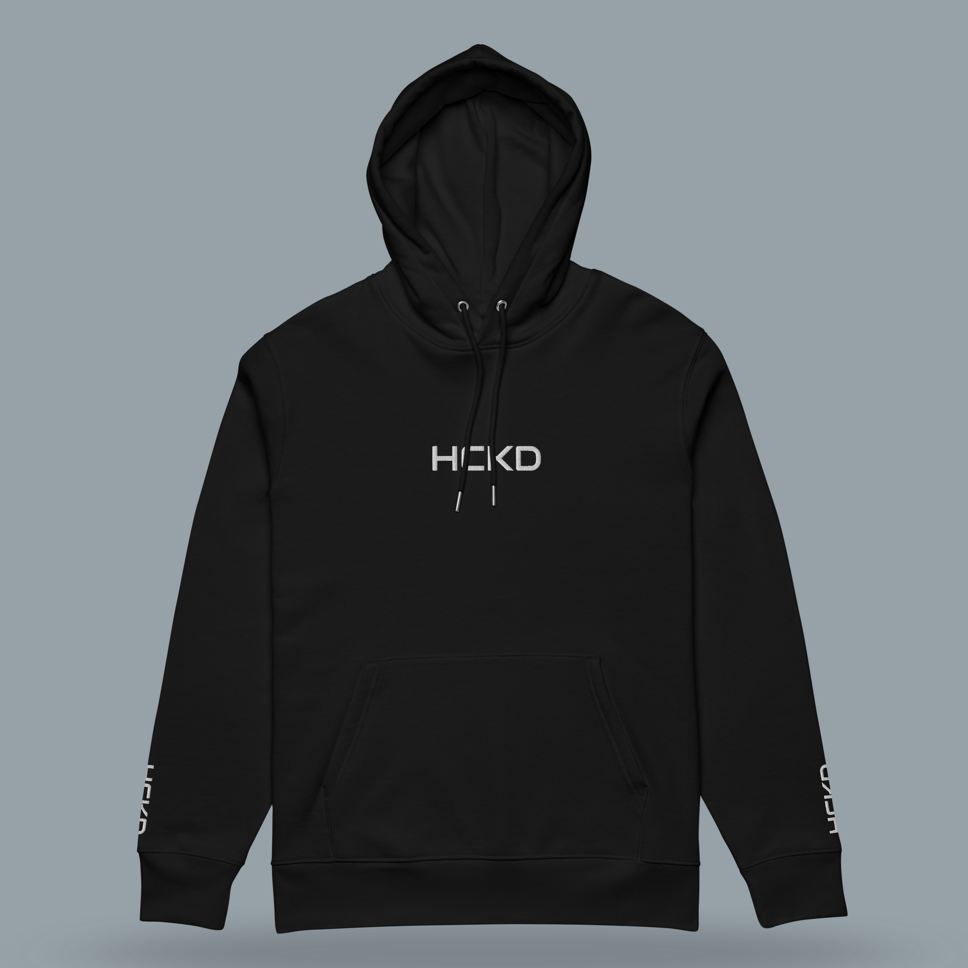 HCKD HOOD-01 black hoodie with double-layered hood and kangaroo pocket for all-day comfort and utility.
