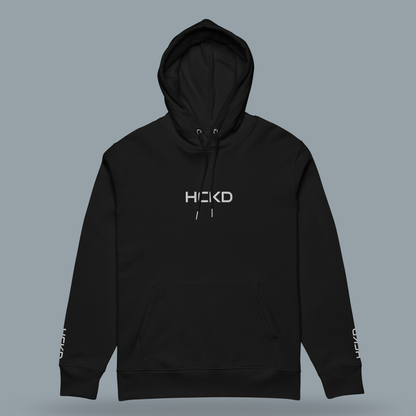 HCKD HOOD-01 black hoodie with double-layered hood and kangaroo pocket for all-day comfort and utility.