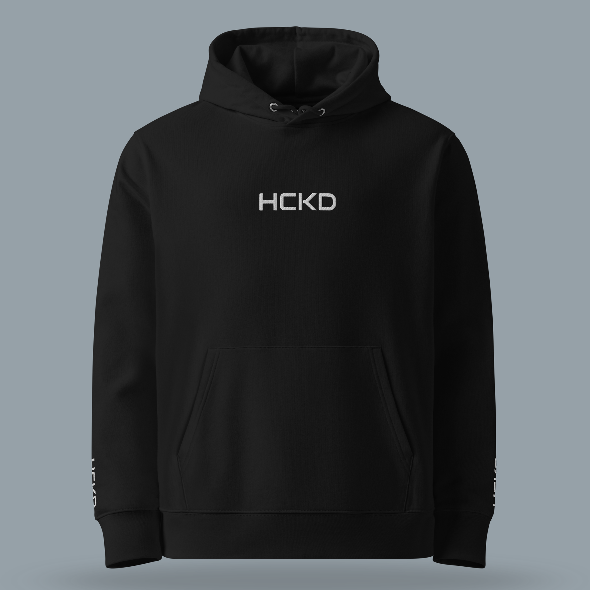 Black HCKD HOOD-01 hoodie featuring a modern fit and kangaroo pocket, perfect for all-day comfort.