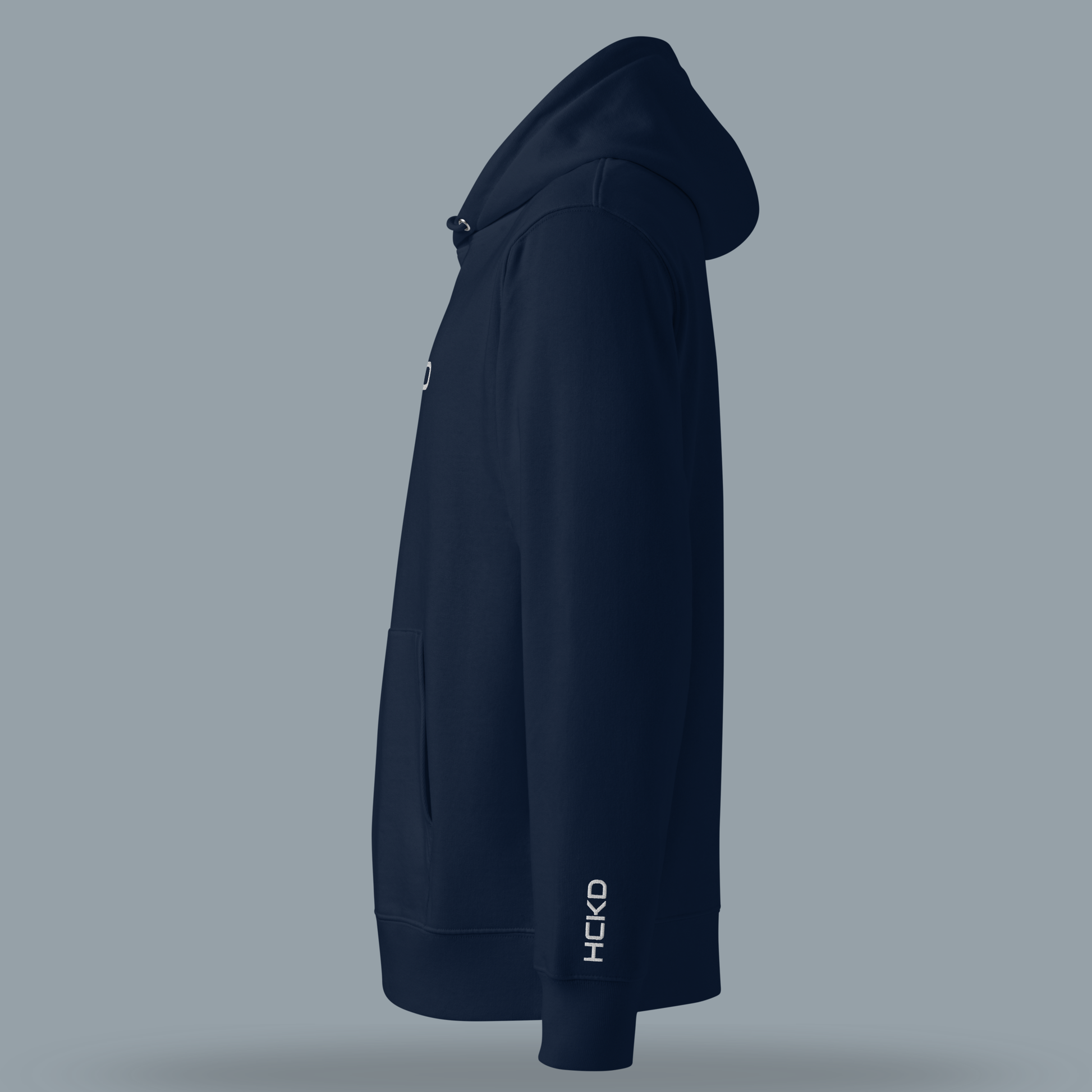HCKD HOOD-01 navy hoodie side view showcasing modern fit, double-layered hood, and kangaroo pocket.
