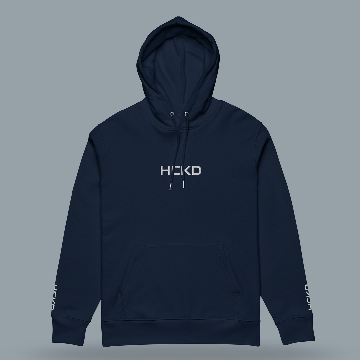 HCKD HOOD-01 navy hoodie featuring modern fit, double-layered hood, and kangaroo pocket for all-day comfort.