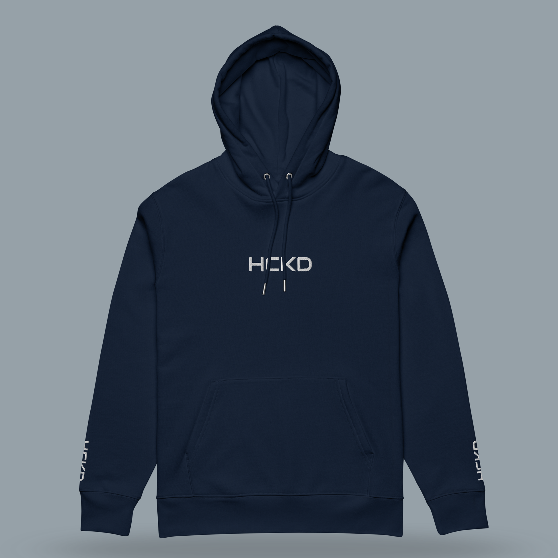 HCKD HOOD-01 navy hoodie featuring modern fit, double-layered hood, and kangaroo pocket for all-day comfort.