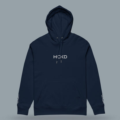 HCKD HOOD-01 navy hoodie featuring modern fit, double-layered hood, and kangaroo pocket for all-day comfort.