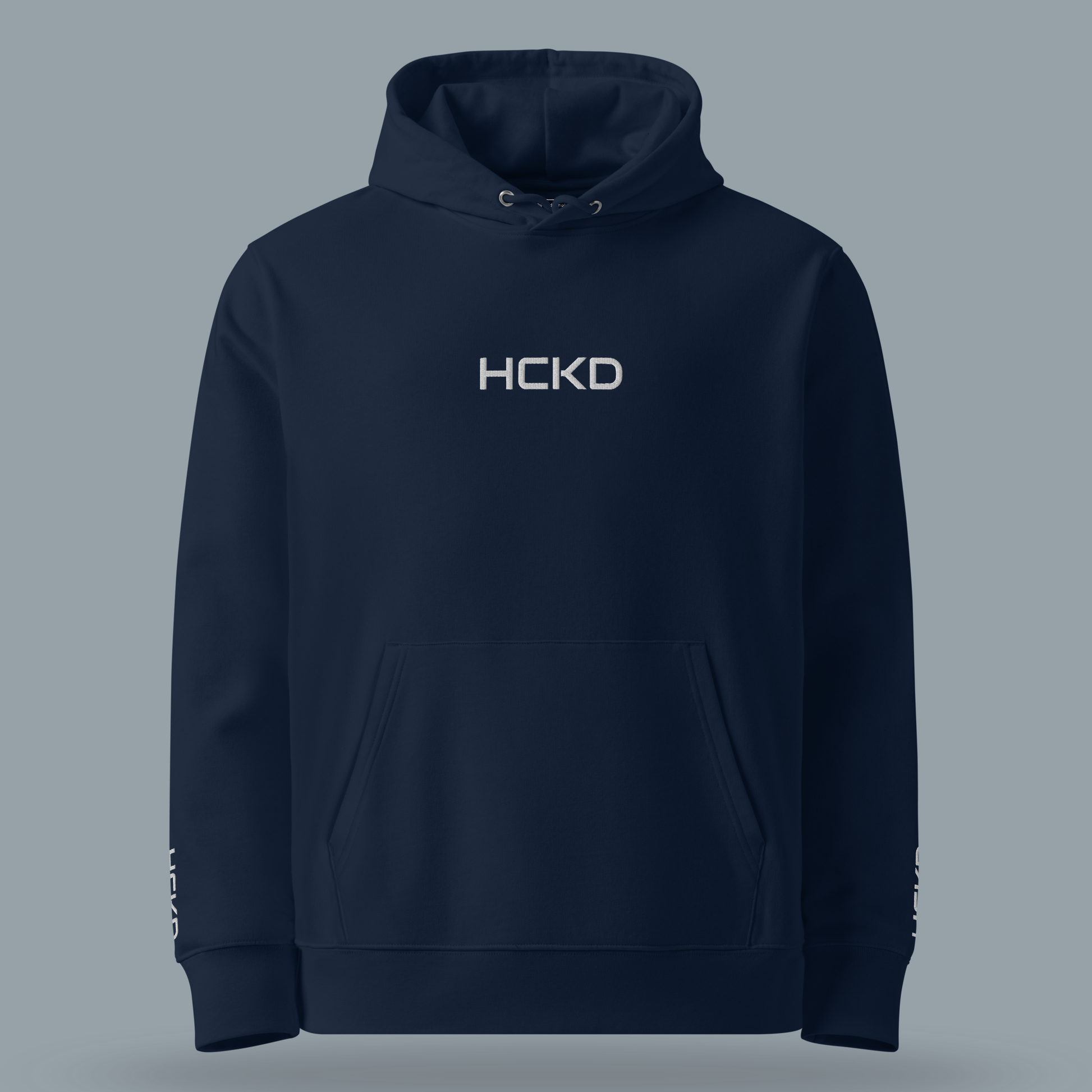 HCKD HOOD-01 navy hoodie with kangaroo pocket and double-layered hood, showcasing modern comfort and style.