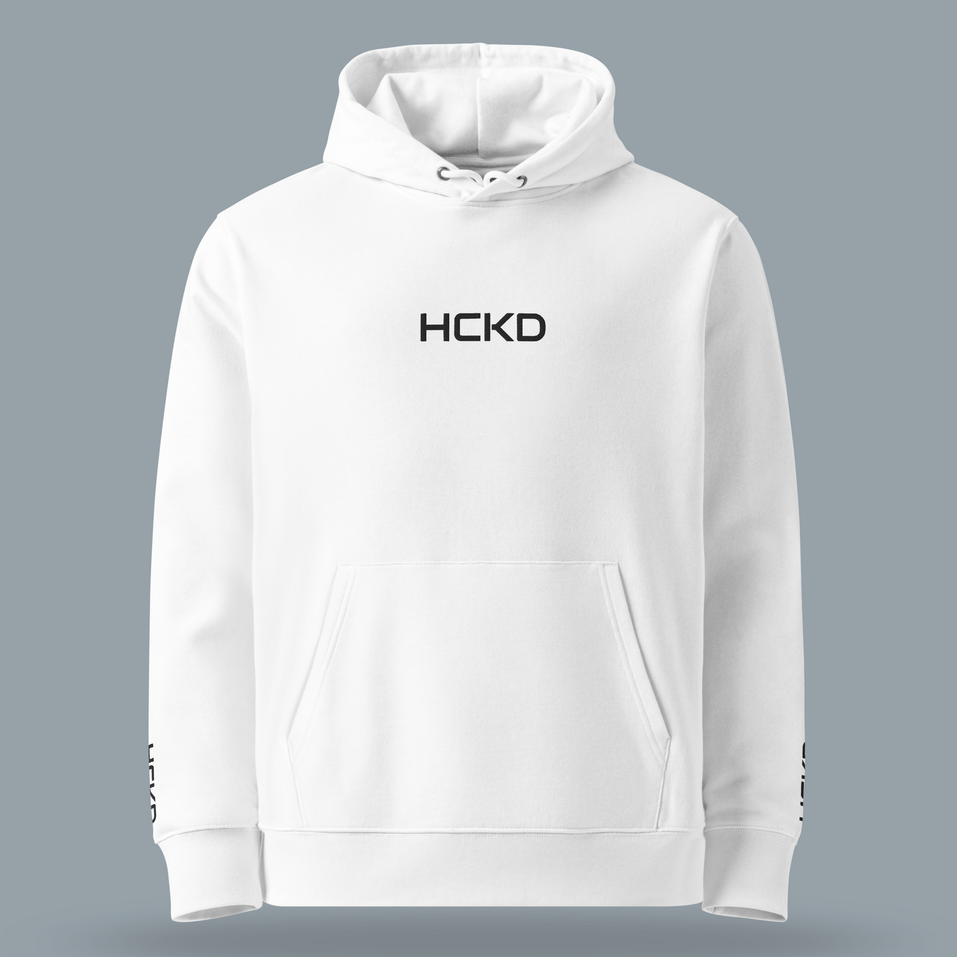 White HCKD HOOD-01 hoodie featuring a classic kangaroo pocket and metal-tipped drawcords.
