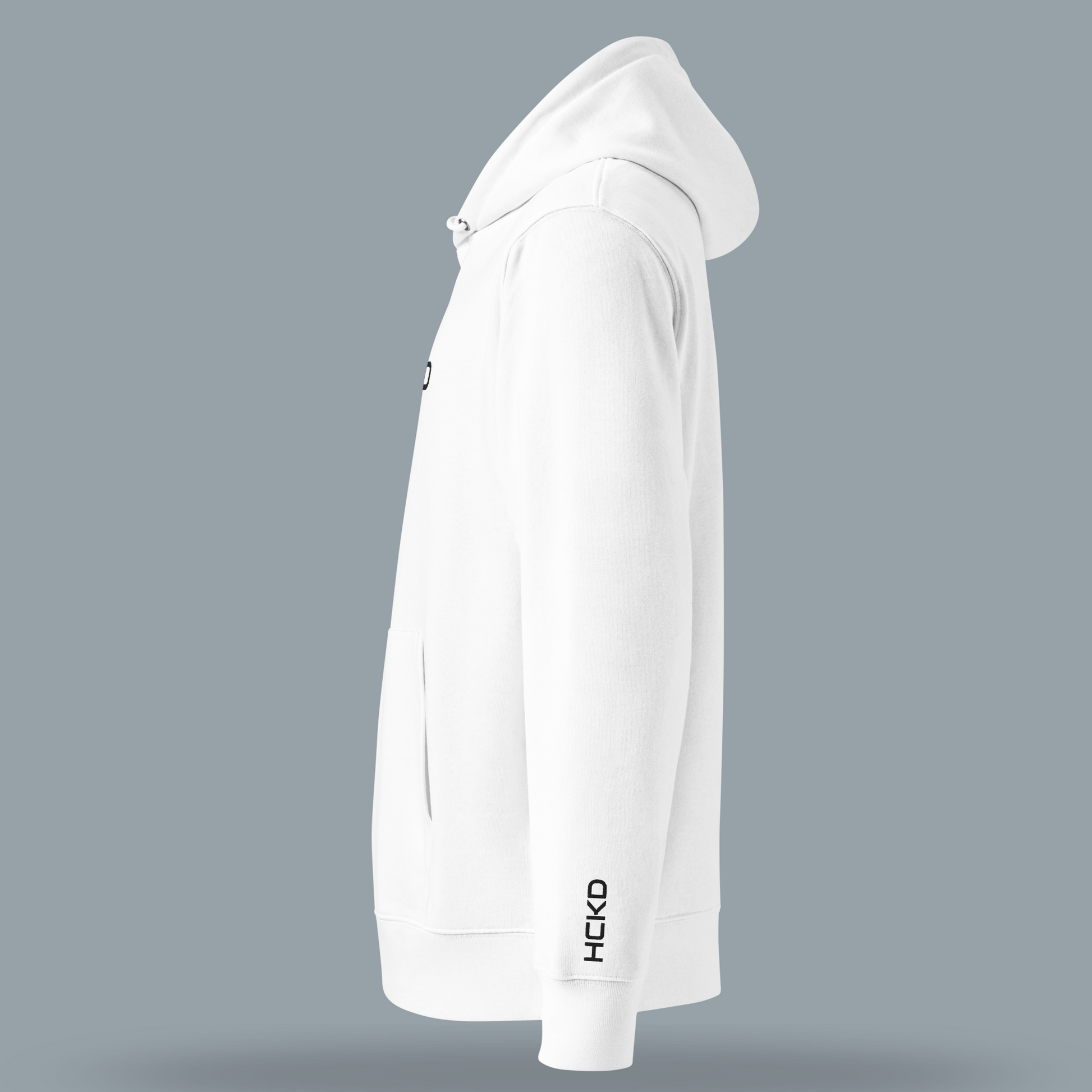 Side view of HCKD HOOD-01 hoodie in white, showcasing modern fit, double-layered hood, and kangaroo pocket.